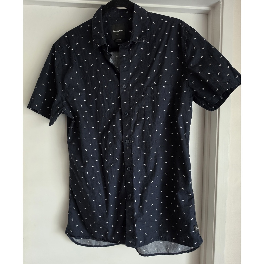 Barney Cools Button-Up Shirt Men M Navy Shark Print Cotton Short Sleeve